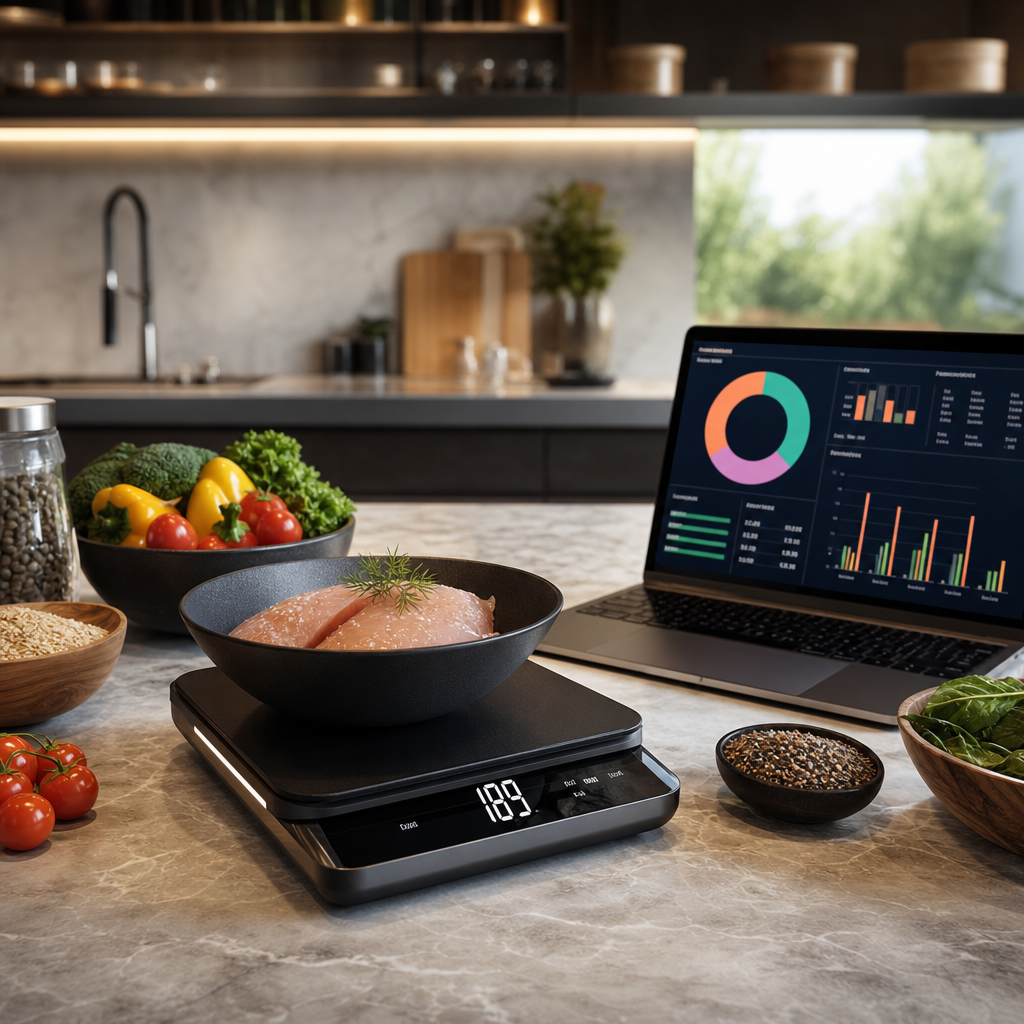 Análisis moderno de alimentos por IA en una cocina con balanzas y una laptop.