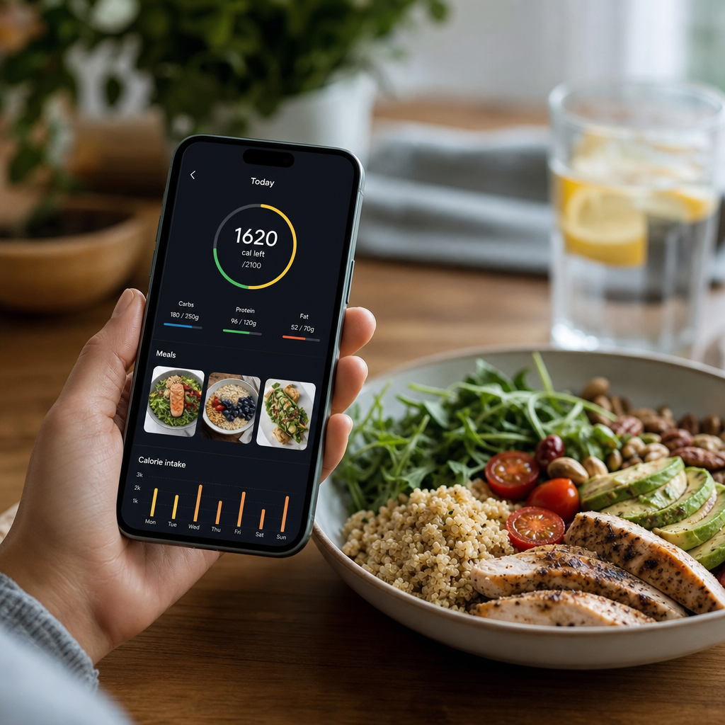 Aplicación de contador de calorías AI en un teléfono inteligente con una comida saludable
