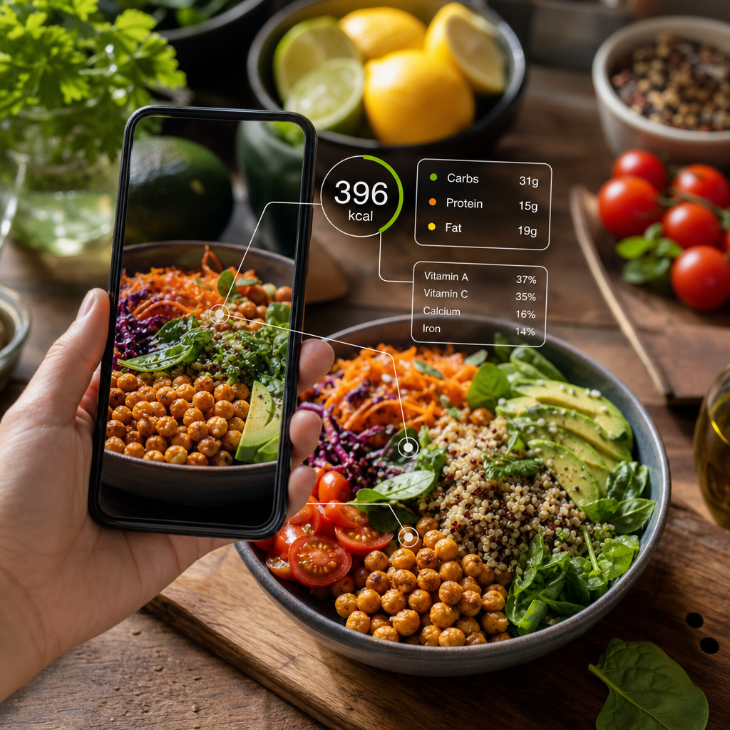 Smartphone jiġbor ikel sħiħ bi overlaid ta' analiżi nutrizzjonali