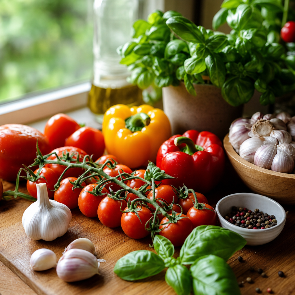 Ingredientes frescos para cocinar en una encimera de cocina.