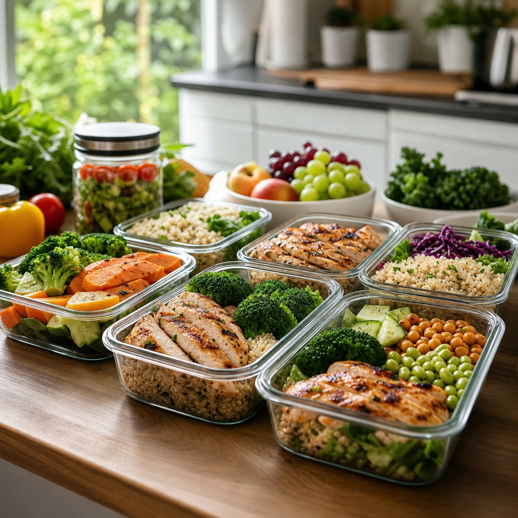 Healthy batch cooking meal prep containers in a kitchen.