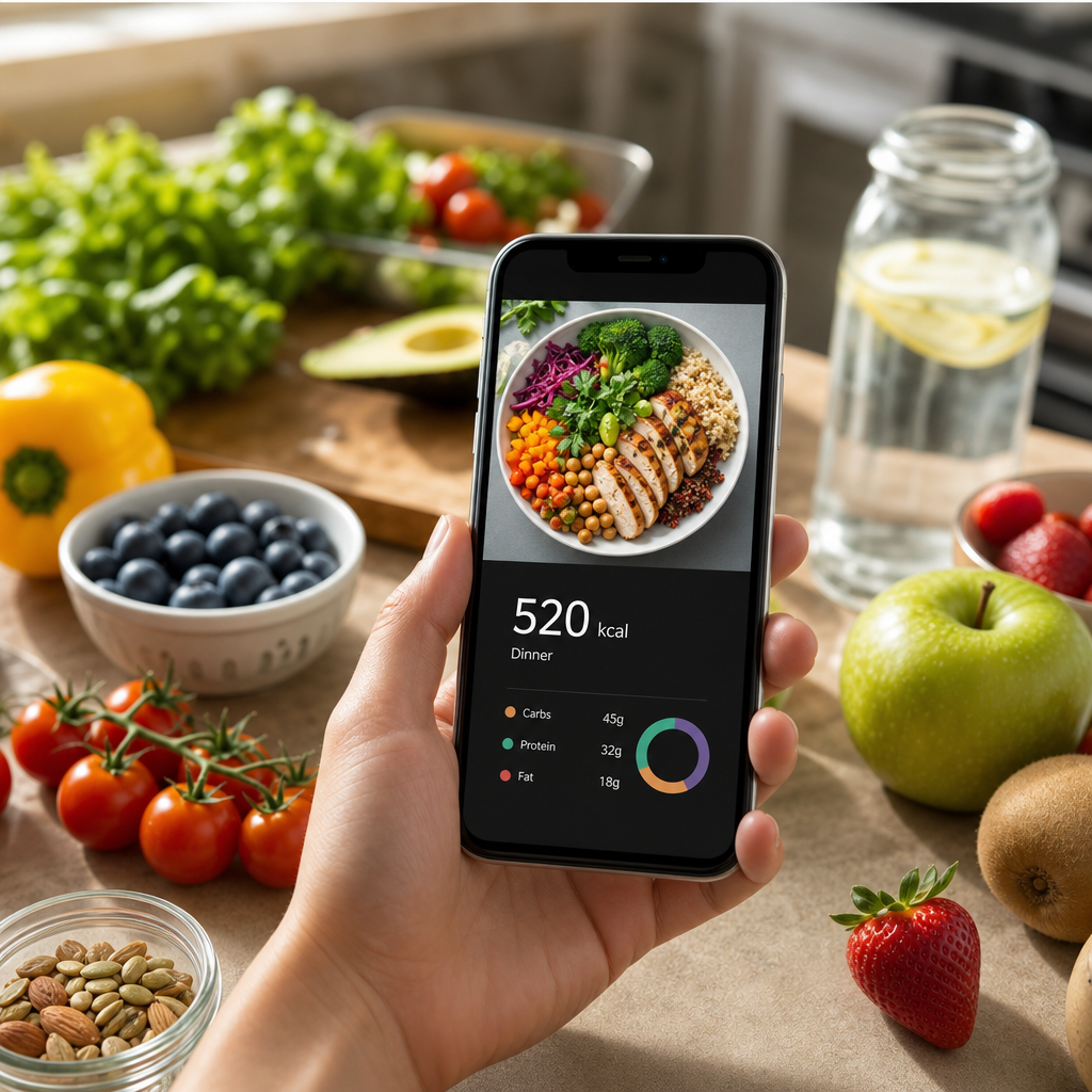 Interfaccja ta' app għall-kontabilità tal-kaloriji li turi ritratt tal-ikel u informazzjoni dwar in-nutrizzjoni