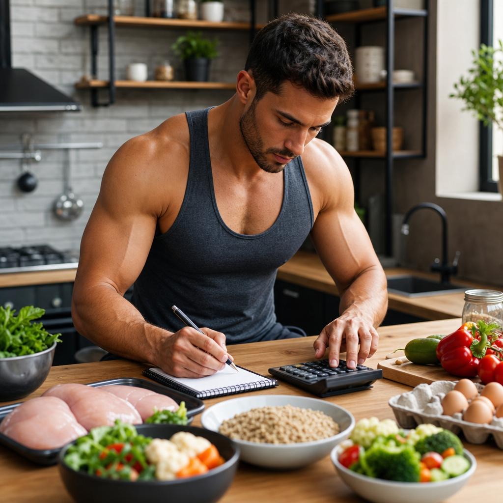 Calculating macronutrients for muscle gain in a kitchen with healthy foods.