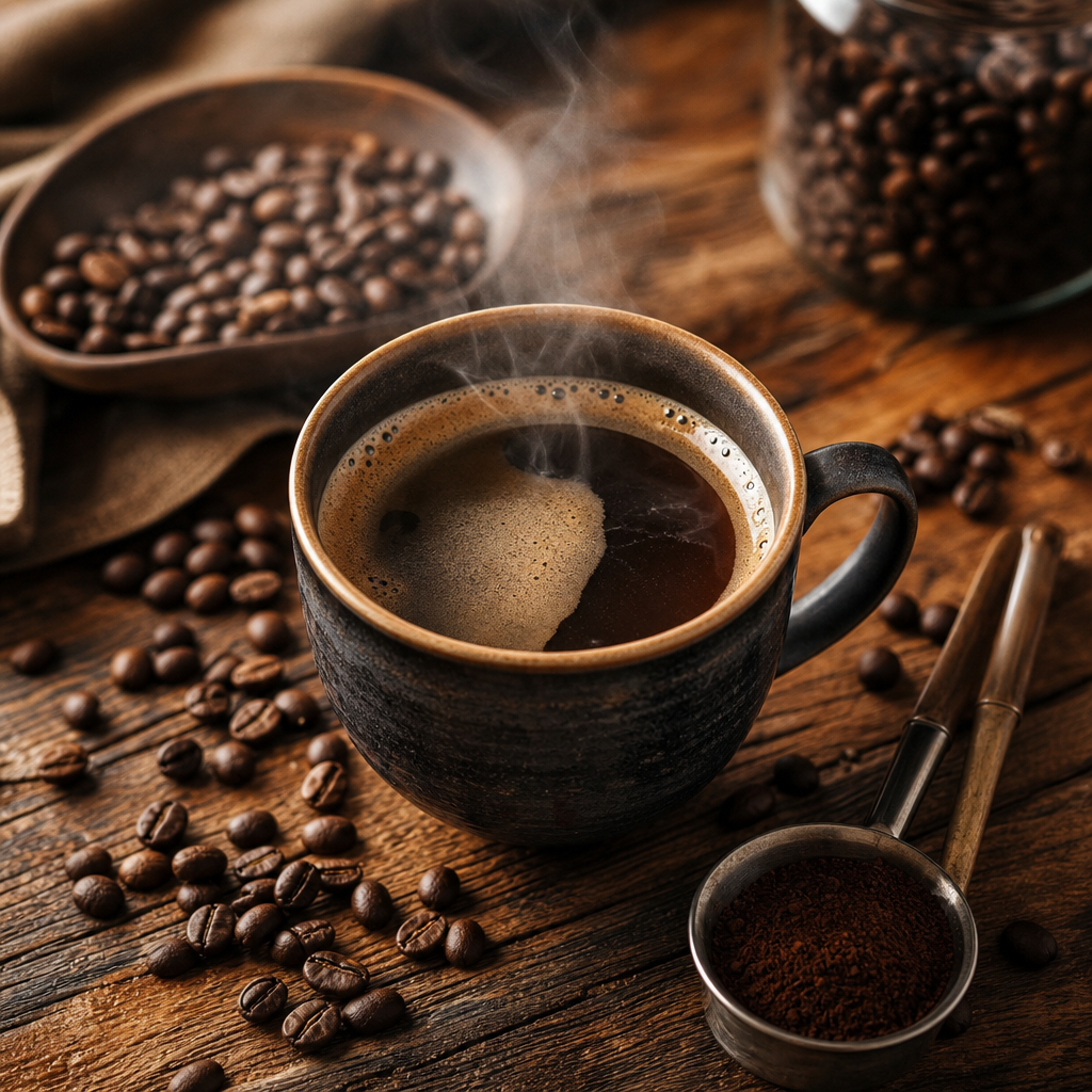 A fresh Americano coffee on a wooden table surrounded by coffee beans.