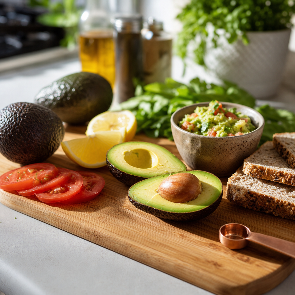 Sliced avocado on a cutting board with healthy meal ingredients in a bright kitchen