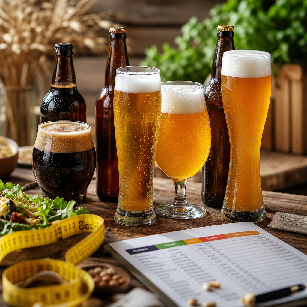 テーブルに並べられた異なる種類のビール、カロリー内容を強調。