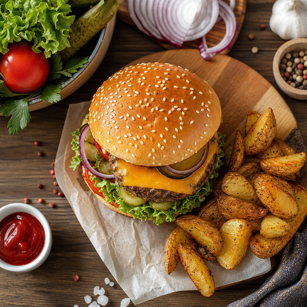 A cheeseburger with sides and fresh ingredients shown in a realistic food scene