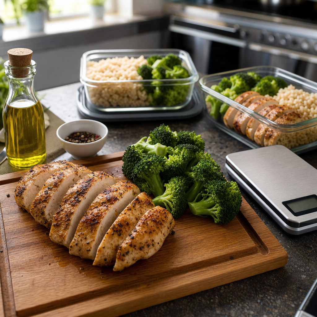 Grilled chicken breast meal prep with broccoli and rice showing a high-protein fitness meal