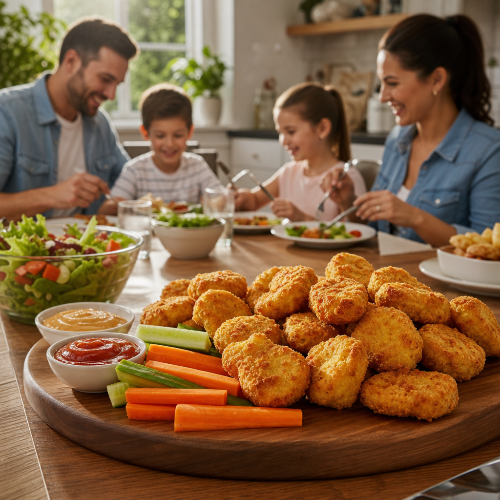 Una famiglia che gusta nuggets di pollo con salse da intingere.