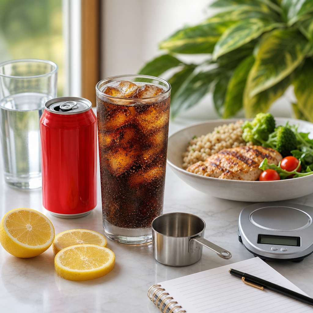 Pohár Coca-Coly s plechovkou, ľadom a nástrojmi na sledovanie výživy na kuchynskom stole