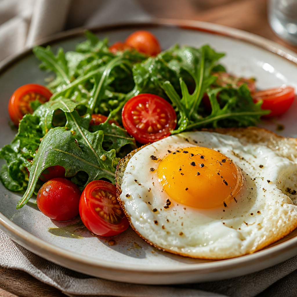 Healthy breakfast with a cooked egg, greens, and tomatoes