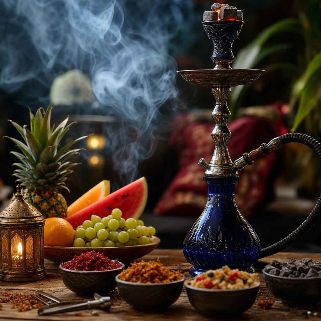 Colorful hookah setup with smoke and fruit garnishes