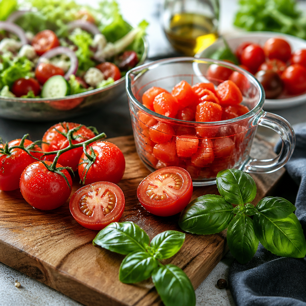 Cà chua tươi và các nguyên liệu salad trên thớt gỗ