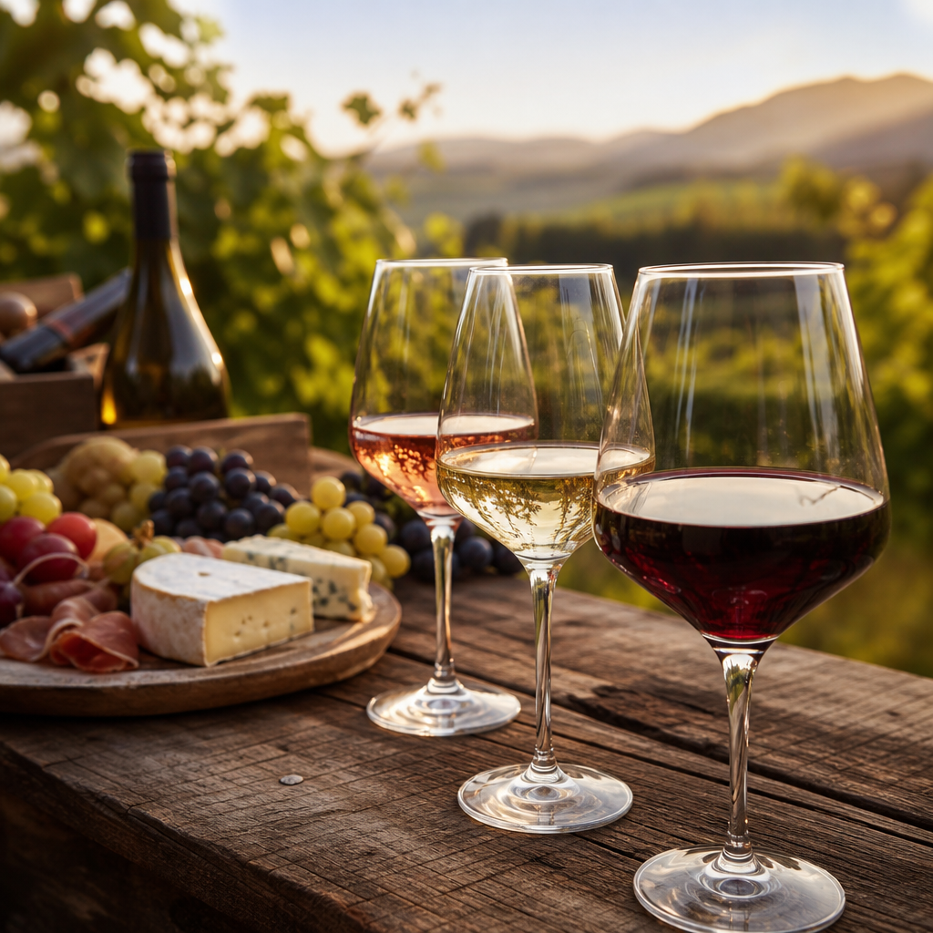 Various wines with grapes and cheese on a wooden table.