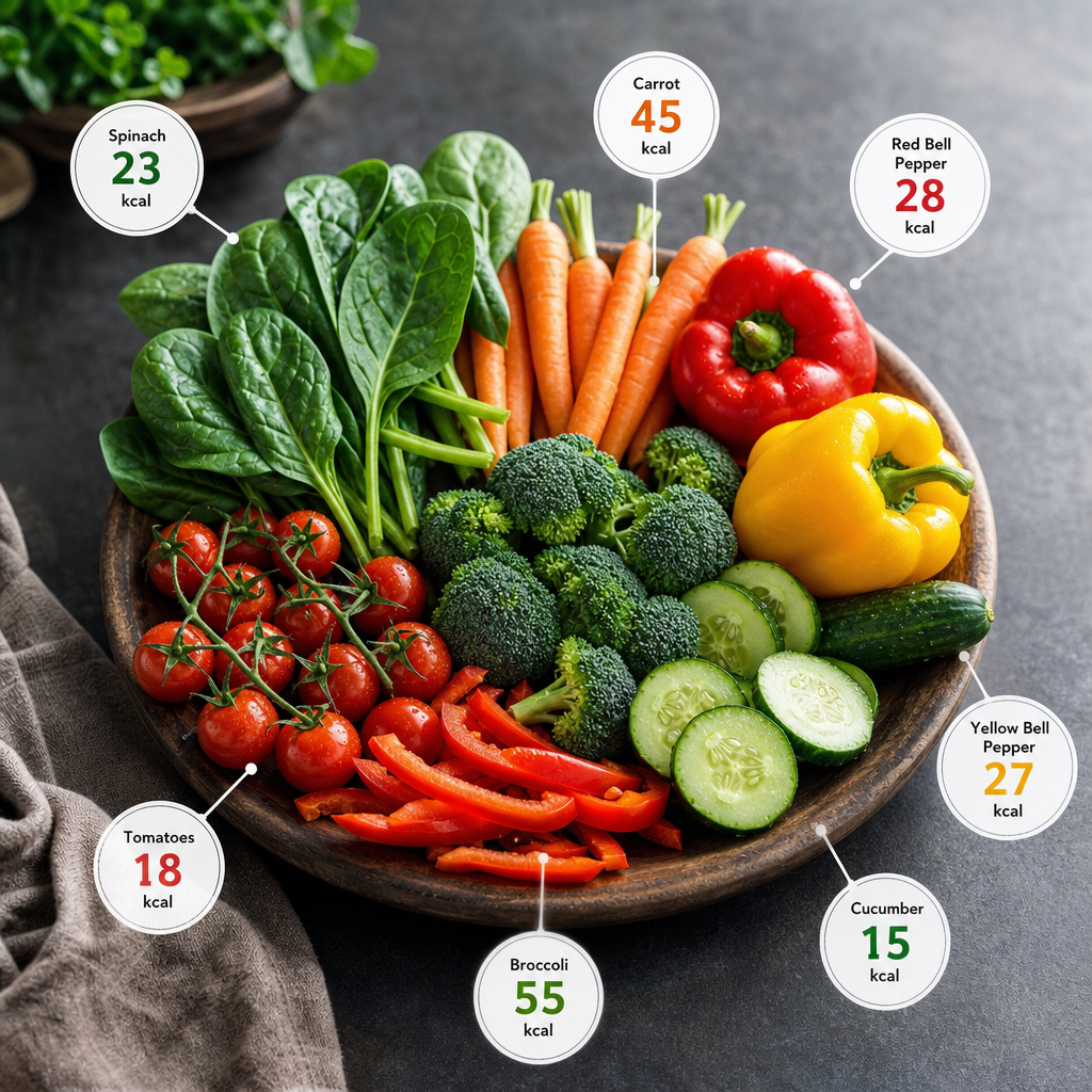 Colorful array of vegetables with calorie values.