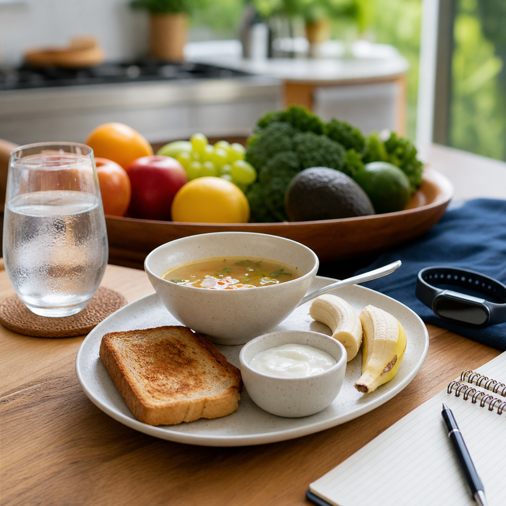 Repas sain et verre d’eau illustrant la perte d’appétit liée à la déshydratation et le soutien de l’hydratation