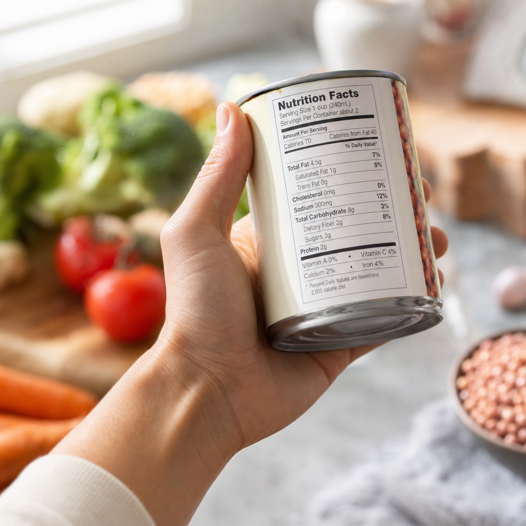 Examinando um rótulo alimentar em uma cozinha saudável