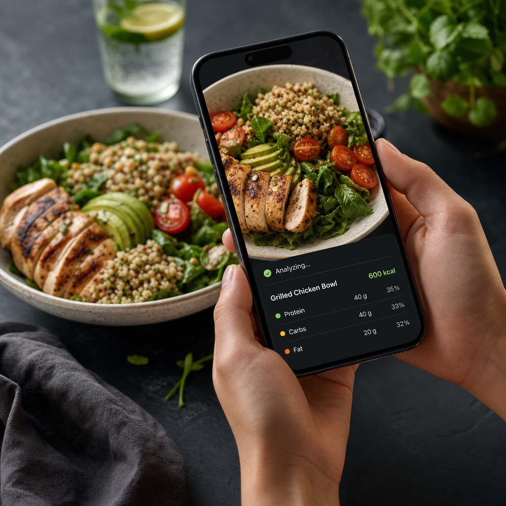 Cal AI app showing meal analysis and calorie tracking on a smartphone.