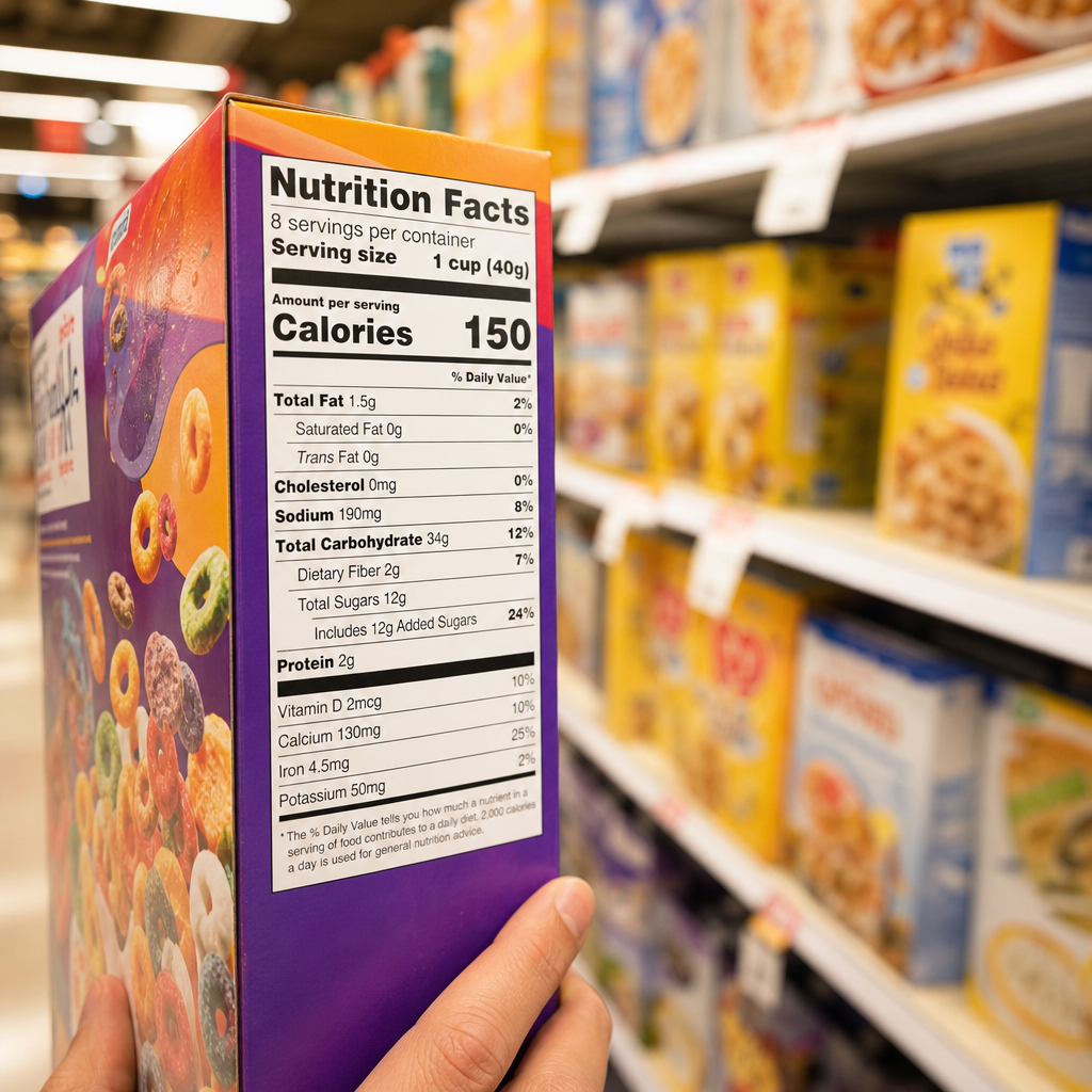 Eżempju ta' label tal-ikel fuq kaxxa ta' ċereali li turi informazzjoni dwar in-nutrizzjoni.
