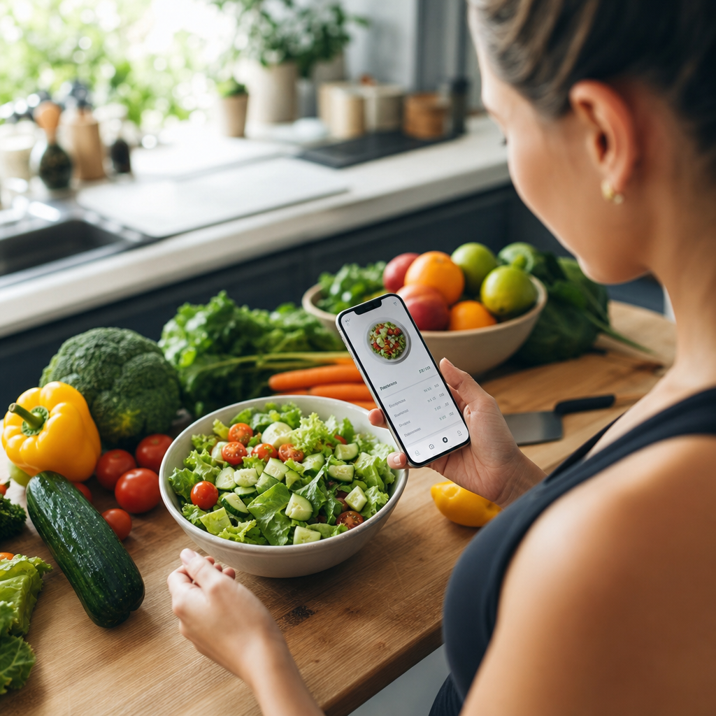 Persuna li qed taħdem fuq it-tniżżil tal-kaloriji bl-AI f'kċina b'saħħitha.