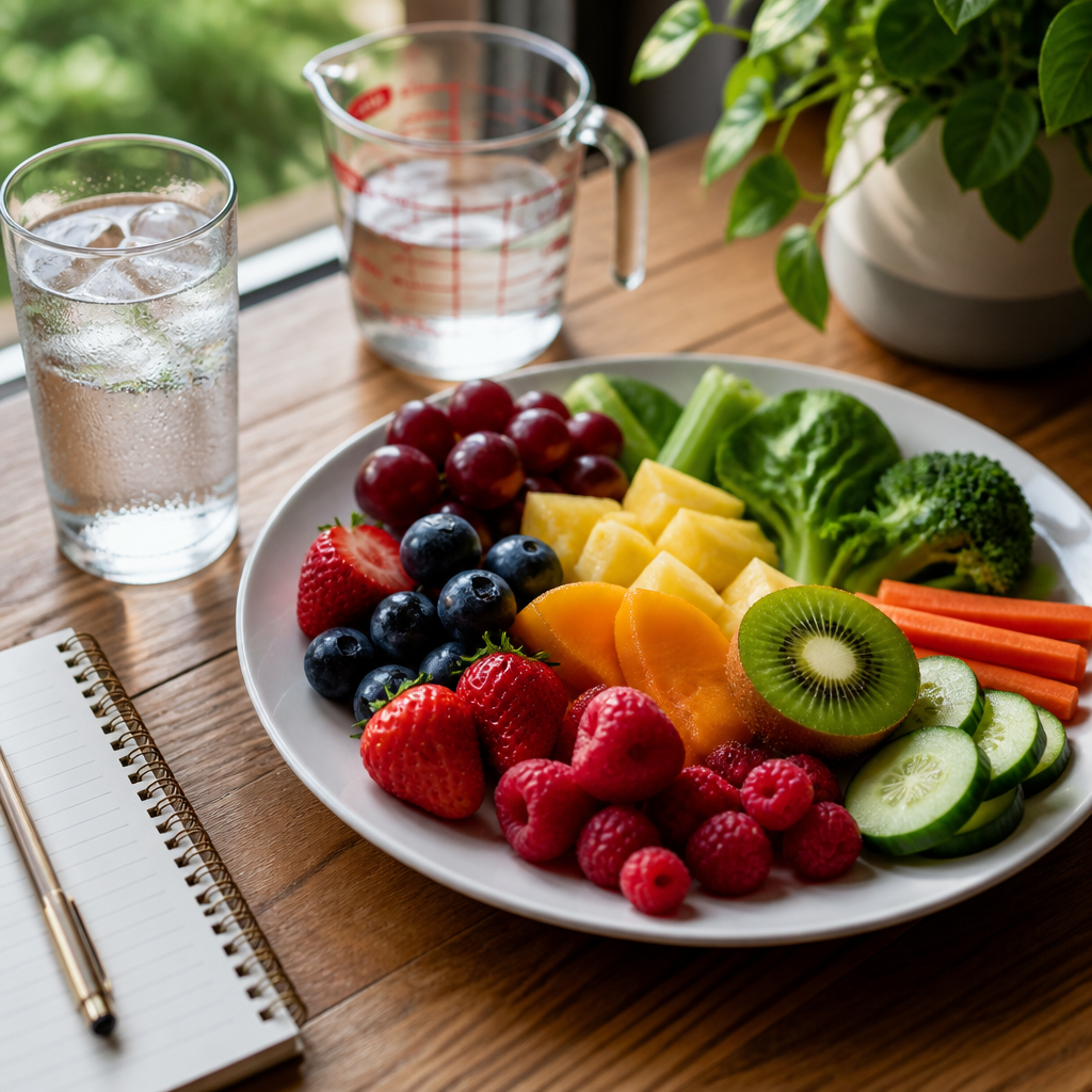 Um copo refrescante de água com frutas e vegetais para hidratação.