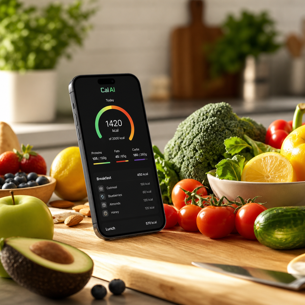 Smartphone menampilkan aplikasi Cal AI dengan buah dan sayuran segar, melambangkan kesehatan dan nutrisi.